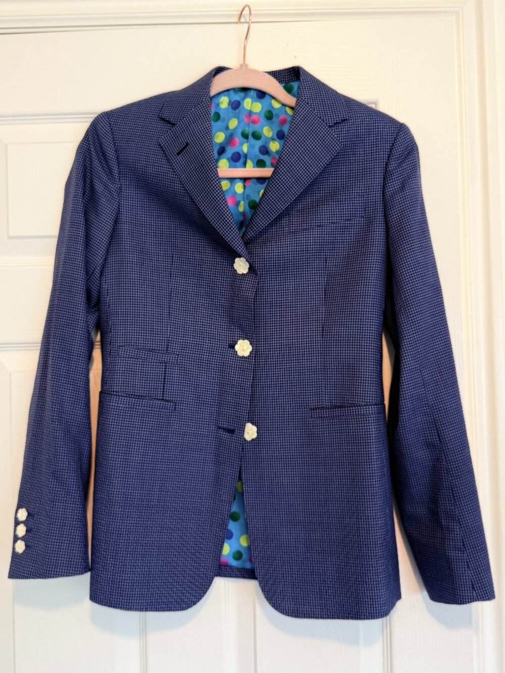 Vintage Custom Tailored Navy Micro Check Blazer Italian Fabric Polka Dot XS/S